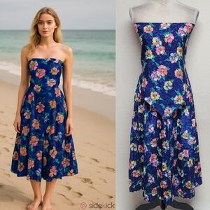 Andrea Gayle 70s Vintage Blue Tropical Print Scarf Top Pleated Midi Skirt Set M